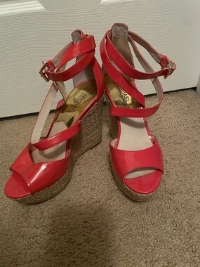 Michael Kors Salmon Patent Espadrille Wedge Sandals